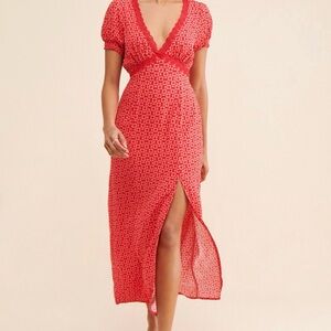 Free People Red Printed V-Neck Midi Dress size Large EUC